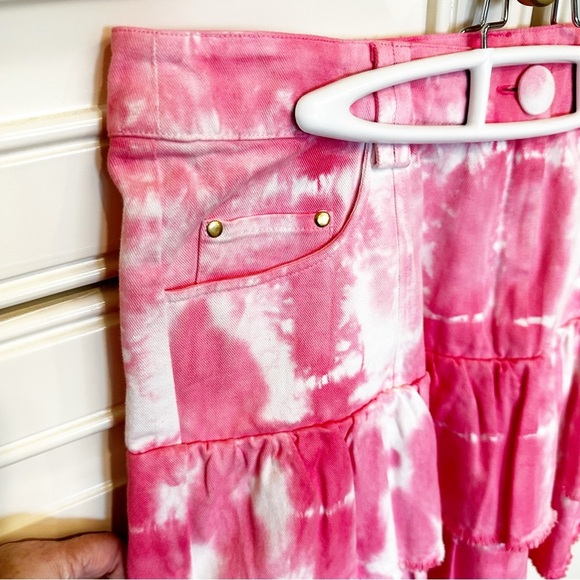 LoveShackFancy Landen Women’s Pink Tie Dye Tiered Ruffle Mini Skirt Cotton Y2K - Picture 11 of 12